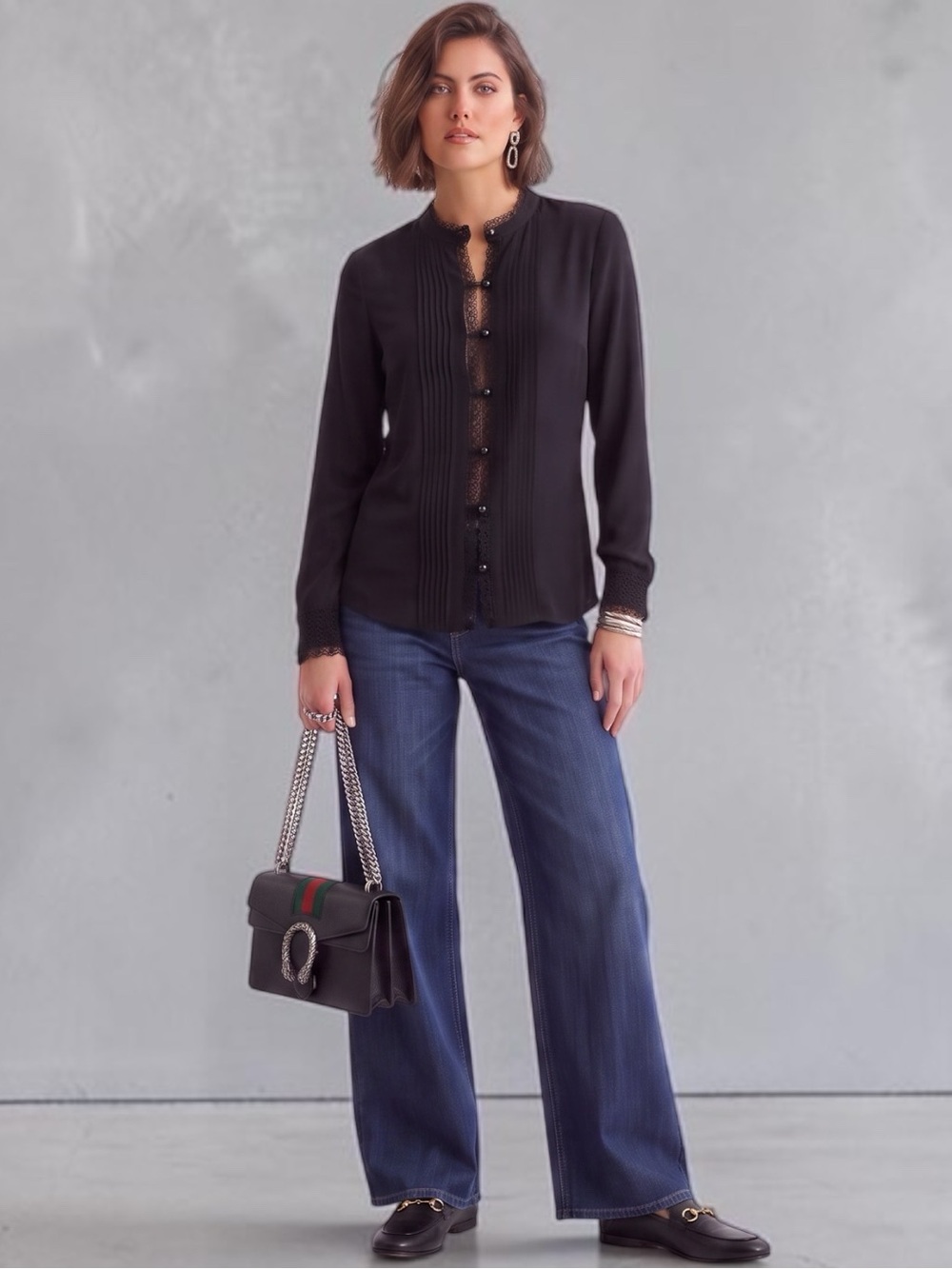 Tory Burch Blouse Black Button Down 100% Silk Sheer Sz 4 Long Sleeve Top Crochet